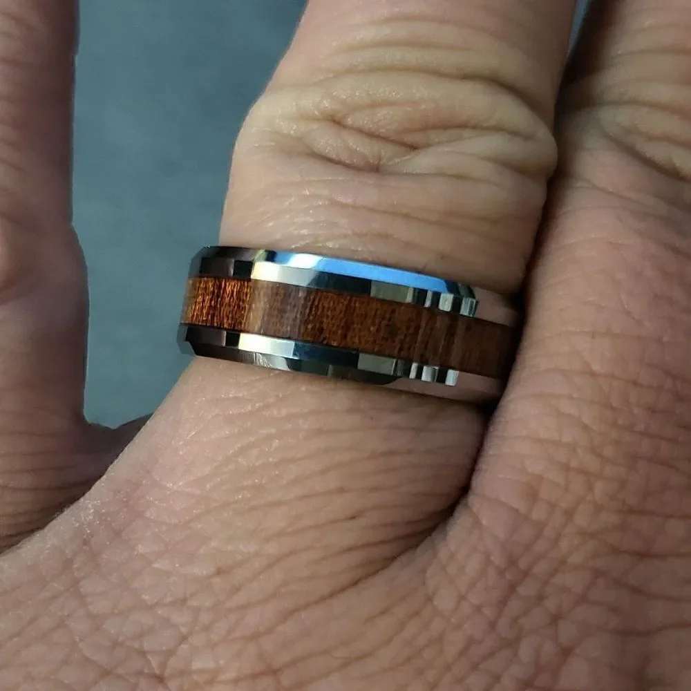 Men's Real Silver Tungsten Wedding Ring Whiskey Barrel Wood Inlay